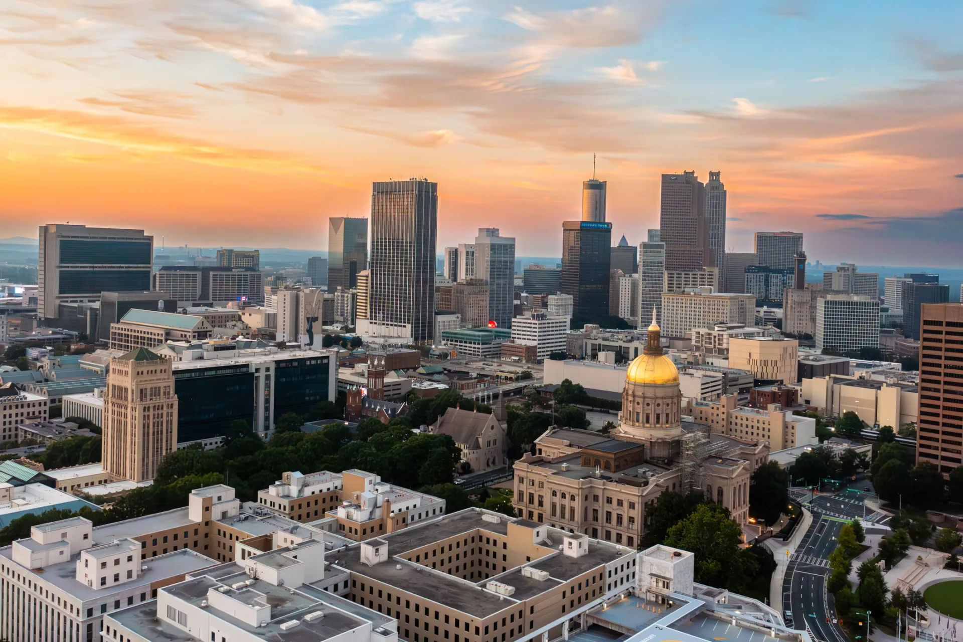Aerial over view of Atlanta Georgia which is facing an opioid epidemic